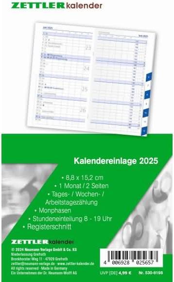 Produktbild Kalender-Ersatzeinlage 2025, 8,8x15,2cm, für den Taschenplaner Typ 530, 1 Monat auf 2 (Deutsch)