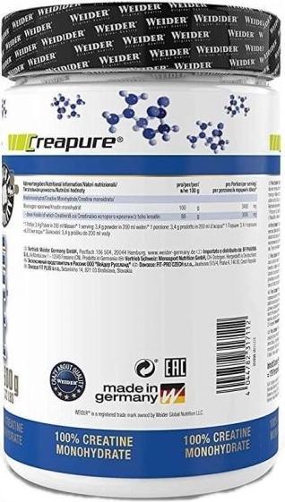 Valeurs nutritives et ingrédients Weider Créatine pure (1 pièce(s), Poudre, 600 g)