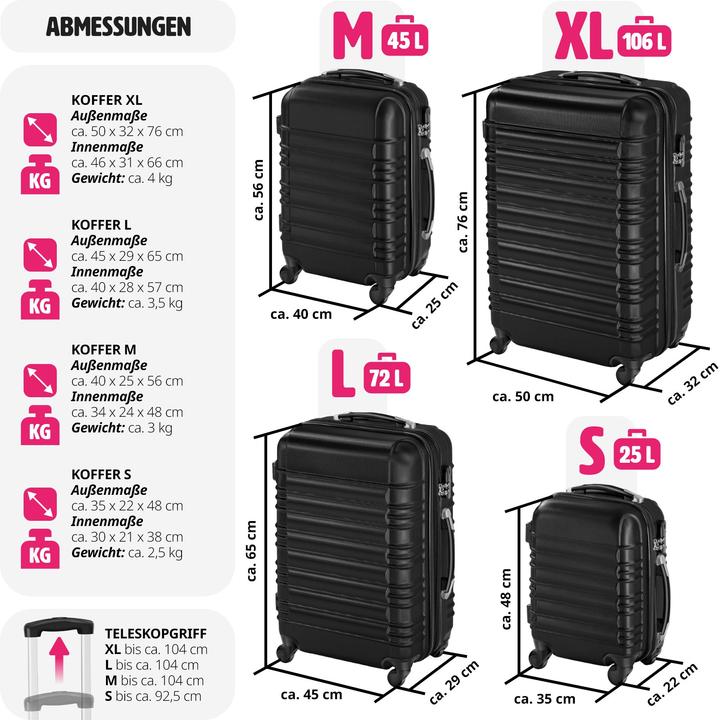 Produktbild tectake Hartschalenkofferset (106 l, Handgepäck (bis 50l), M (50 - 90l), L (90 - 115l), XL (ab 115l))