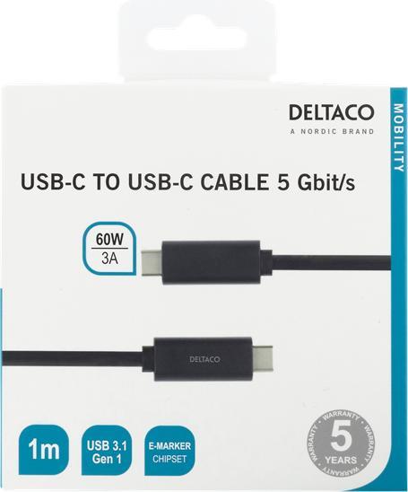 Actual product image Deltaco USB-C to USB-C cable, 1m, 60W 3A, USB 3.1 Gen, E-Marker black (1 m, USB 3.2 Gen 1)
