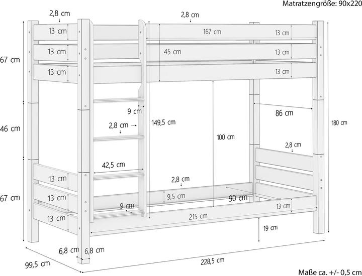 Nährwerte und Zutaten Erst-Holz Erwachsenen-Etagenbett weiss 90x220 Hochbett teilbar Nische 100 2 Rollroste 60.16-09-220 W T100 (90 x 220 cm)