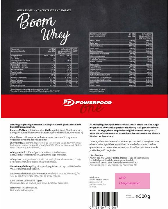 Valori nutrizionali e ingredienti PowerFood One Boom Whey (Vaniglia, 1 pz., 500 g)