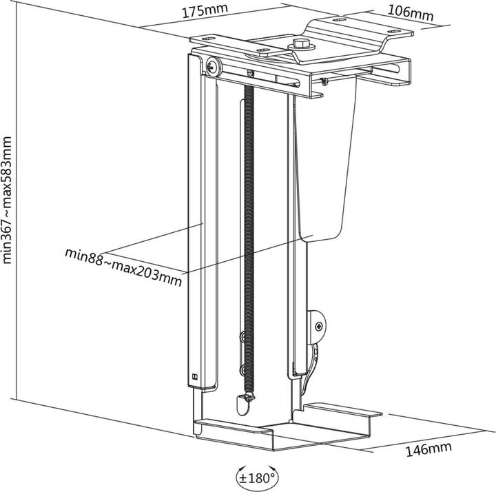 Actual product image Wiltec Under-desk Computer Holder Continuously Adjustable 360° Swivelling for PC Cases up to 10kg