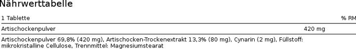 Nährwerte und Zutaten Phytopharma Artischocke (120 Stück, Tabletten, 120 g)