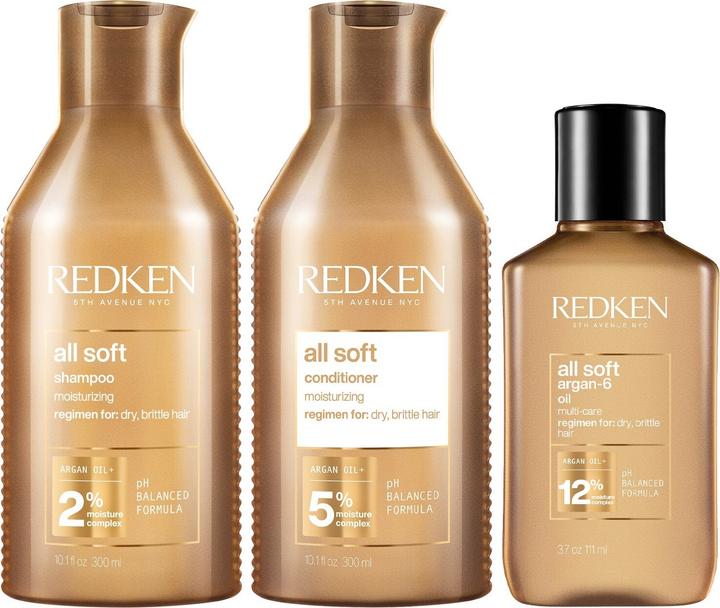 Produktbild Redken All Soft Shampoo (300ml), Conditioner (300ml) und Argan-6 Öl (90ml)