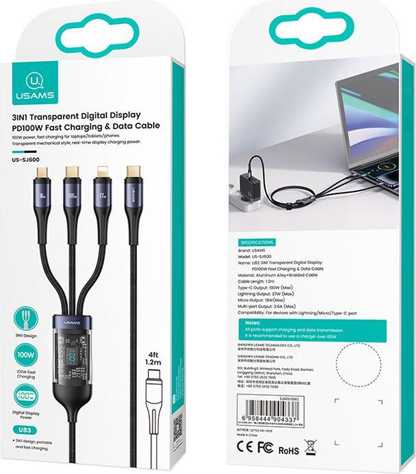 Actual product image Usams US-SJ600 U83 3IN1 Transparent Digital Display PD100W Fast Charging & Data Cable 1.2m C To C+L+M (1.20 m, USB 2.0)