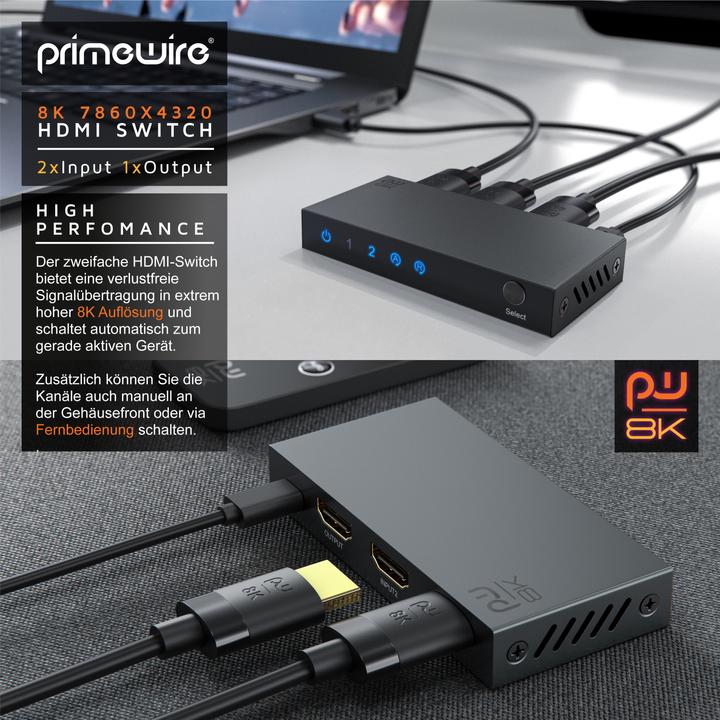 Produktbild Primewire 2-Port HDMI 2.1 Switch, 8K Umschalter, 2 in 1 Out UHD, Splitter mit Fernbedienung, UHD 8k 4k 60 Hz