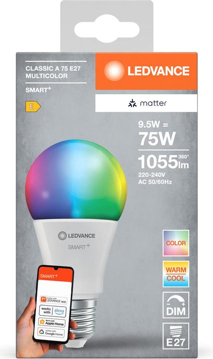 Produktbild Ledvance SMART+ MATTER CLASSIC A MULTICOLOR 9.5W 827...865 Multicolor E27 (E27, 9.50 W, 1055 lm, 1 x, F)