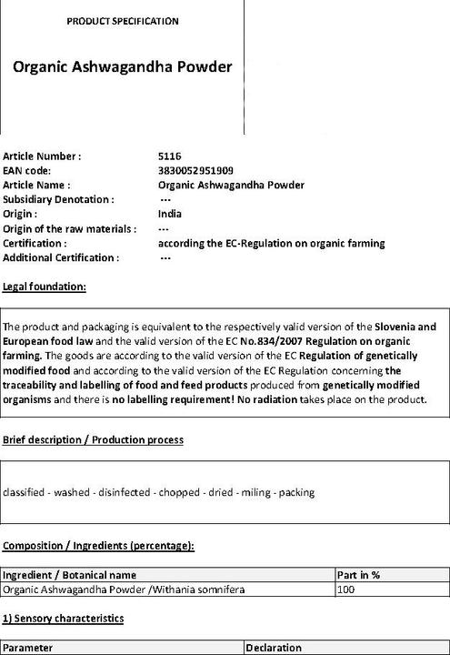 Nährwerte und Zutaten Zimmerli Adaptogene Ashwagandha Pulver (BIO) (1 Stück, Pulver, 100 g)