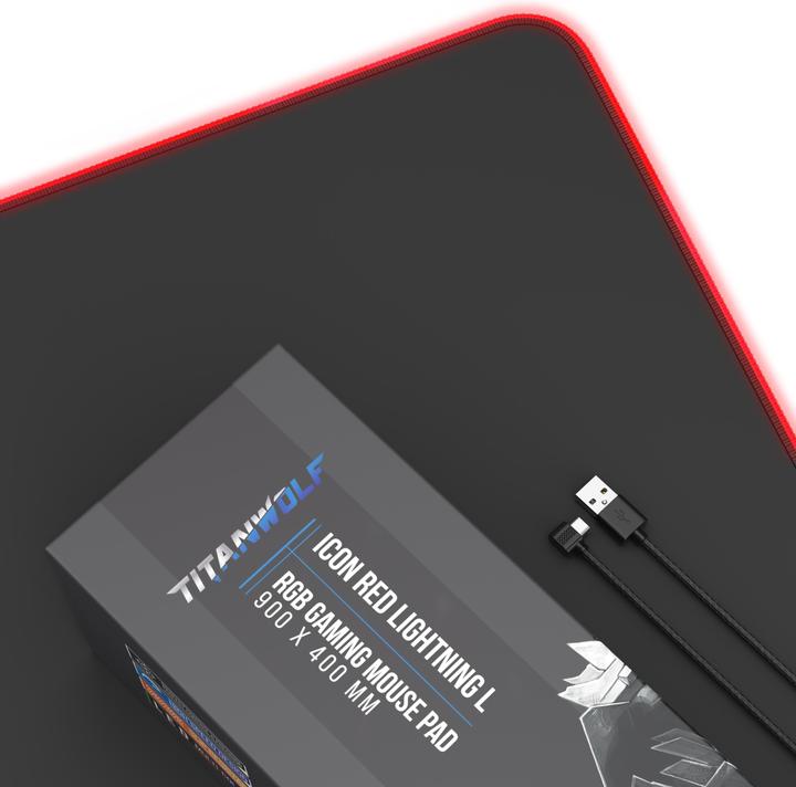 Produktbild Titanwolf RGB Gaming Mauspad, Mausmatte 900 x 400 mm, verbessert Präzision & Geschwindigkeit, Icon rot (XL)