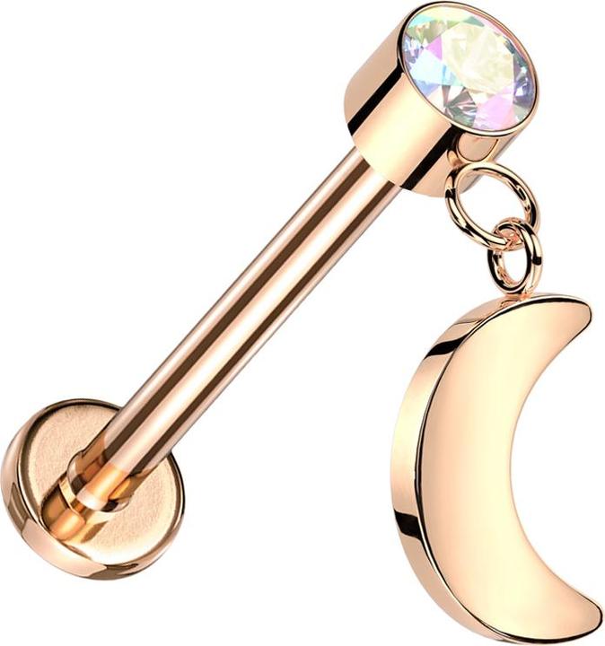 Star Piercing Micro Threadless Labret rosegold Zylinder rosegold Kristall multicolor Anhänger Mond rosegold (Titan G23, ohne Messing)