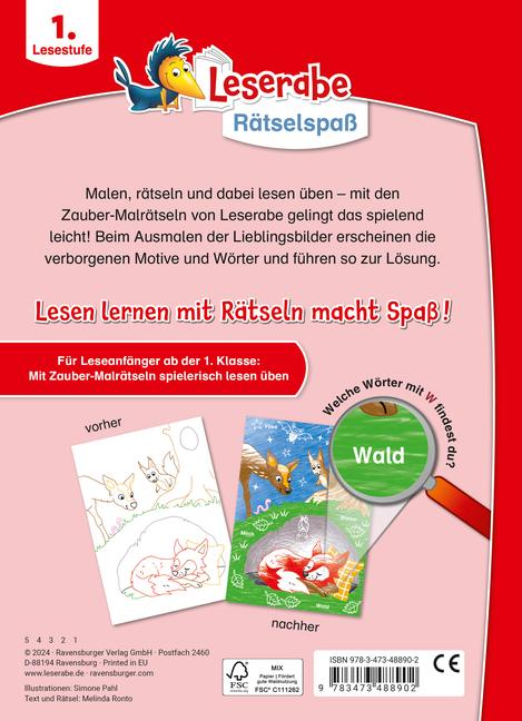 Produktbild Ravensburger Leserabe Rätselspass Zauber-Malrätsel zum Lesenlernen: Im Wald (1. Lesestufe) (Deutsch, Melinda Ronto, Heribert Schulmeyer, Simone Pahl, 2024)
