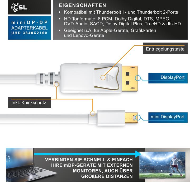 Produktbild CSL Mini DisplayPort zu DisplayPort Kabel - Audio Video Kabel - FullHD - kompatibel Apple Lenovo Surface (2 m, DisplayPort)