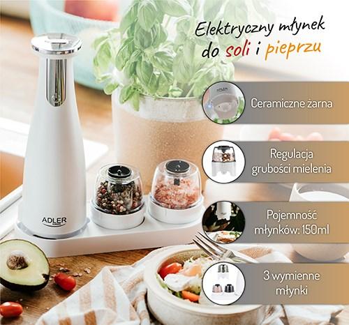 Actual product image Adler Electric Salt and pepper grinder AD 4449w 7 W, Housing material ABS plastic, Lithium, Matte White (Various spices)