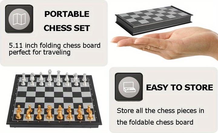 Image du produit PhoneLook Mini jeu d'échecs magnétique pliable portable (12 cm) idéal pour les voyages avec pièces dorées et a