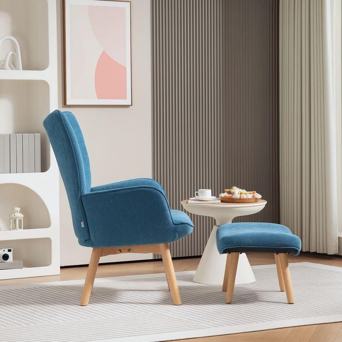 Image du produit Swisshandel24 Sessel mit Hocker, Ohrensessel mit Hoher Rückenlehne, Holzbeine, Cord, Blau