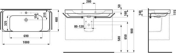 Immagine prodotto Laufen Lavabo Meda, sottopiano, 1000x460 mm, ripiano su entrambi i lati, 2 fori per rubinetto, con s (1070 mm, 205 mm)