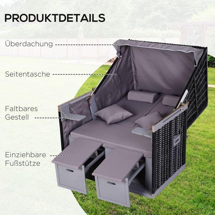 Image du produit Swisshandel24 Fauteuil-cabine de plage double avec toit Chaise longue de jardin porte-gobelet Chaiselounge PE