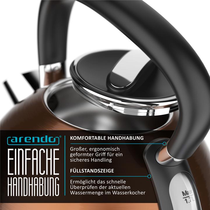 Produktbild Arendo Wasserkocher 1,7 l, 2200 W, Edelstahl, Retro Style Vintage, Überhitzung & Trockenkochschutz, kupfer (1.70 l)