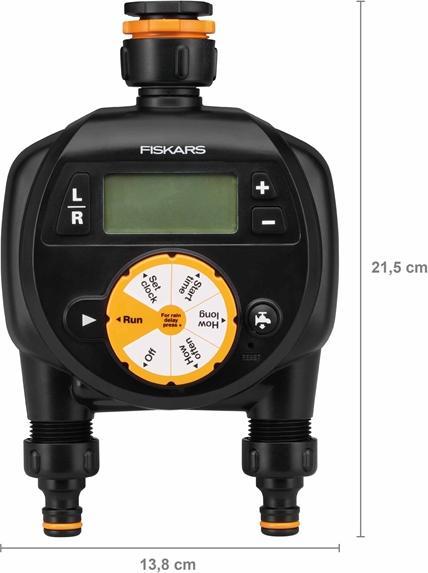 Produktbild Fiskars Zeitschaltuhr/Timer mit 2 Ausgängen, Für alle gängigen Wasserhahngrössen, Leicht ablesbares L (Bewässerungsuhr)