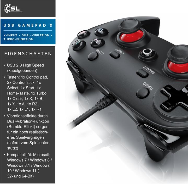 Actual product image CSL Gaming Controller, PC & PS3 Gamepad, Dual Vibration, Turbo Function, Direct & X-Input (PS3, PC)
