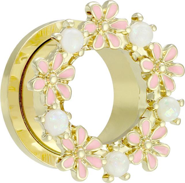Produktbild Star Piercing Flesh Tunnel vergoldet Blumen mit Opalite (Messing, Chirurgenstahl 316L)