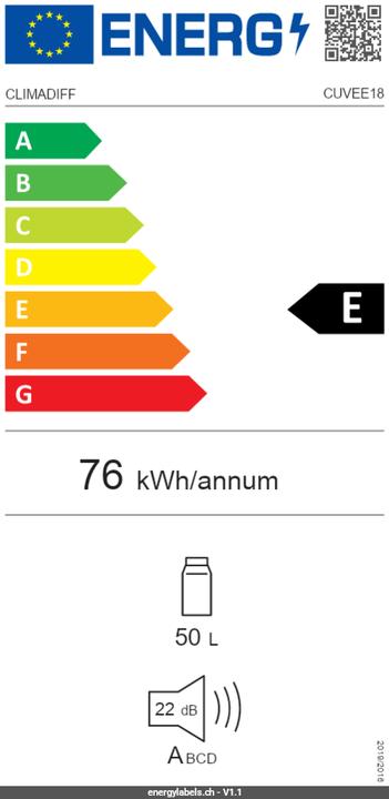 Label énergétique Climadiff Weinkühlschrank CUVEE18 Freistehend, 1 Zone, 18 Flaschen