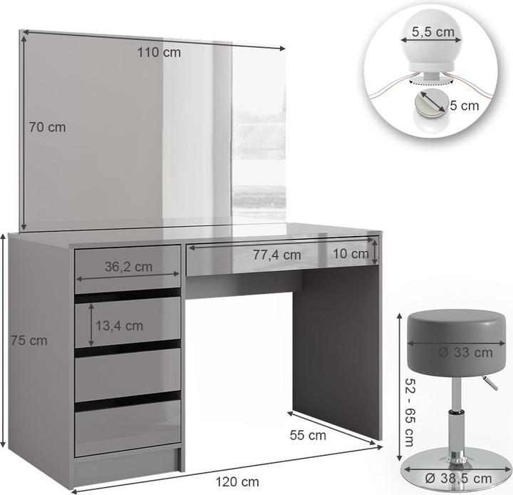 Image du produit Vicco Sherry avec tabouret et éclairage (55 x 75 x 120 cm)