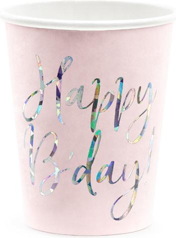 Immagine prodotto Partydeco Tazze Happy B'day!, rosa cipria chiaro, 220ml (1 pz / 6 pz) (6 x)