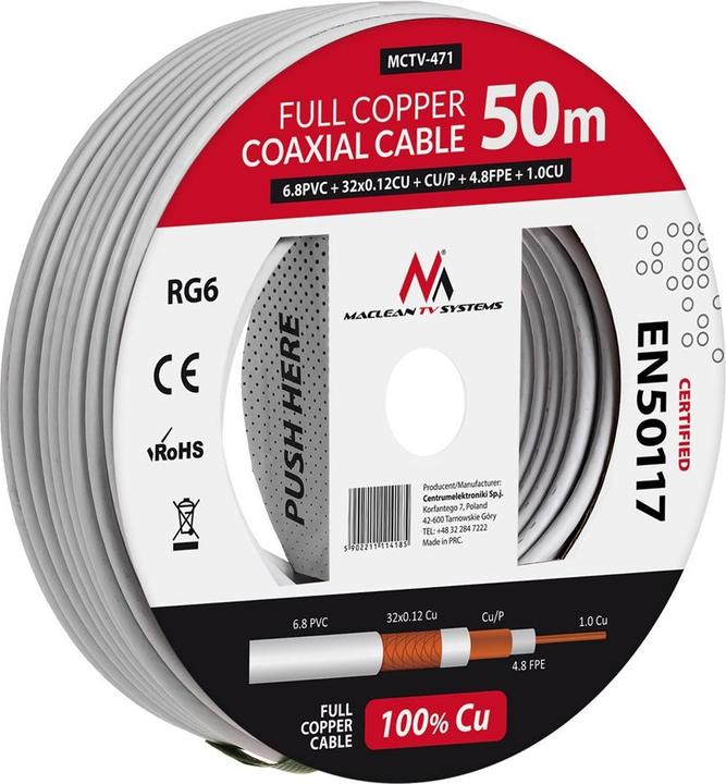 Produktbild Maclean MCTV-471 MCTV-471 Kabel Koaxialkabel RG6 50M 1.02CU+4.8FPE+CU/P+32*0.12CU+6.8PVC (Antennenkabel)