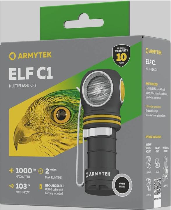 Image du produit ArmyTek Elf C1 lampe de poche LED blanc neutre alimentée par batterie 1000 lm 55 g (7.60 cm, 1000 lm)