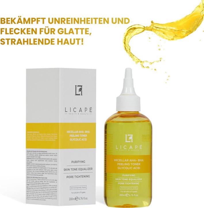Image du produit Licape Peeling Gesichtswasser 200 ml - Mit Glycolsäure AHA-BHA & Tiefenreinigung (Gommage, 200 ml)