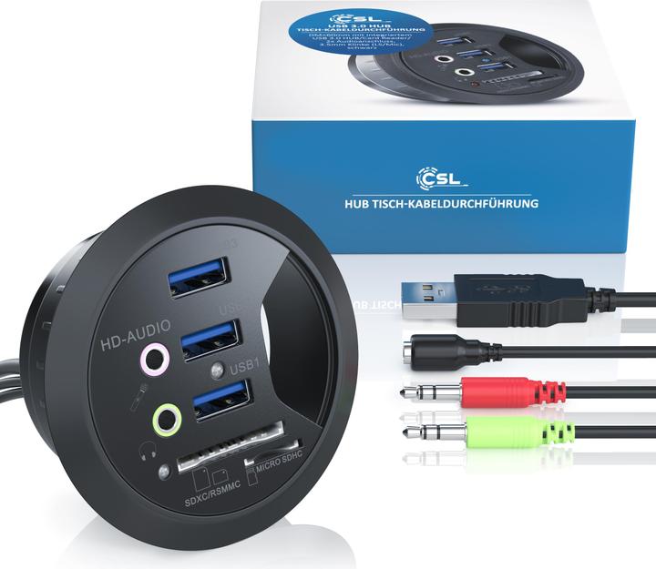 Produktbild CSL USB 3.0 In-Desk USB Hub / Tisch-Kabeldurchführung mit Multi-Cardreader | Tischkabeldose (USB-A, 7 Ports)