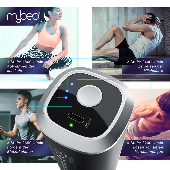 Immagine prodotto Mybeo Pistola per massaggi per collo, spalle, schiena, 4 teste, 4 velocità, rotazione 3D, elettrica