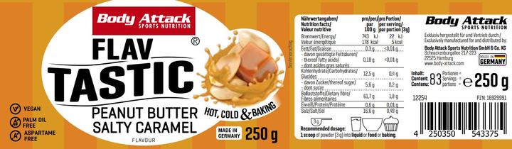 Nutritional values and ingredients Body Attack Flav Tastic (250g can) (Peanut Butter Salty Caramel, 1 pcs., 250 g)