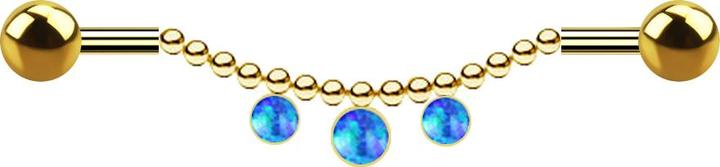 Produktbild Star Piercing Barbell vergoldet zwei Kugeln Kette drei Opale blau (Chirurgenstahl 316L)