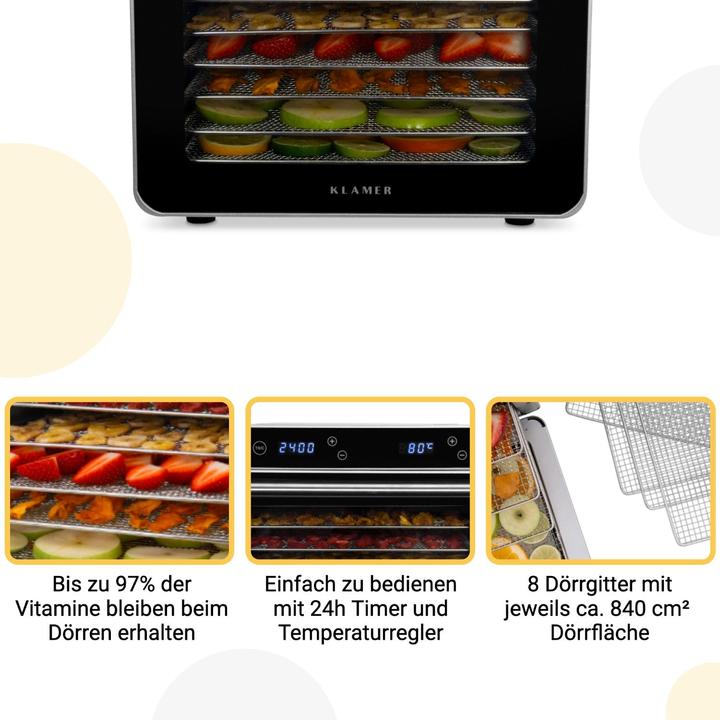 Produktbild KLAMER Premium Dörrautomat XL 700W, 8 extra grosse Einlegefächer aus Edelstahl