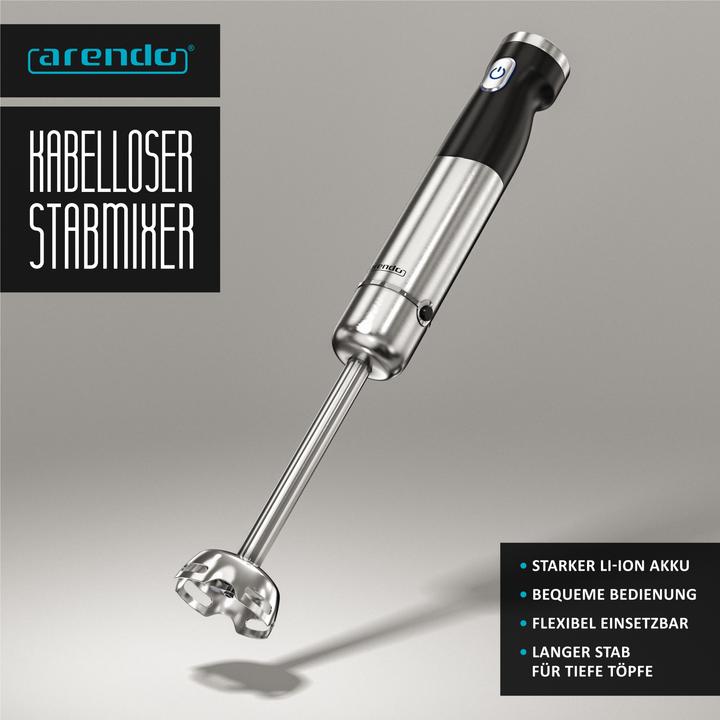 Produktbild Arendo Stabmixer Kabellos, Edelstahl, DC Pürierstab mit Akku, 600ml Messbecher, ohne Kabel, Akkubetrieb