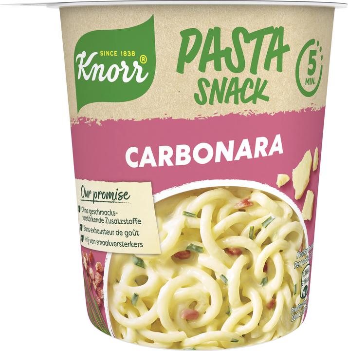 Produktbild Knorr Pasta Snack Carbonara Becher, Teigwaren mit cremiger Sauce & Speck, in 5 Minuten zubereitet (88 g)