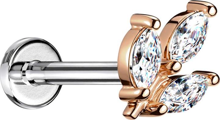 Produktbild Star Piercing Micro Threadless Labret silber Blatt rosegold drei Ovale Kristalle silber (Chirurgenstahl 316L, Messing)