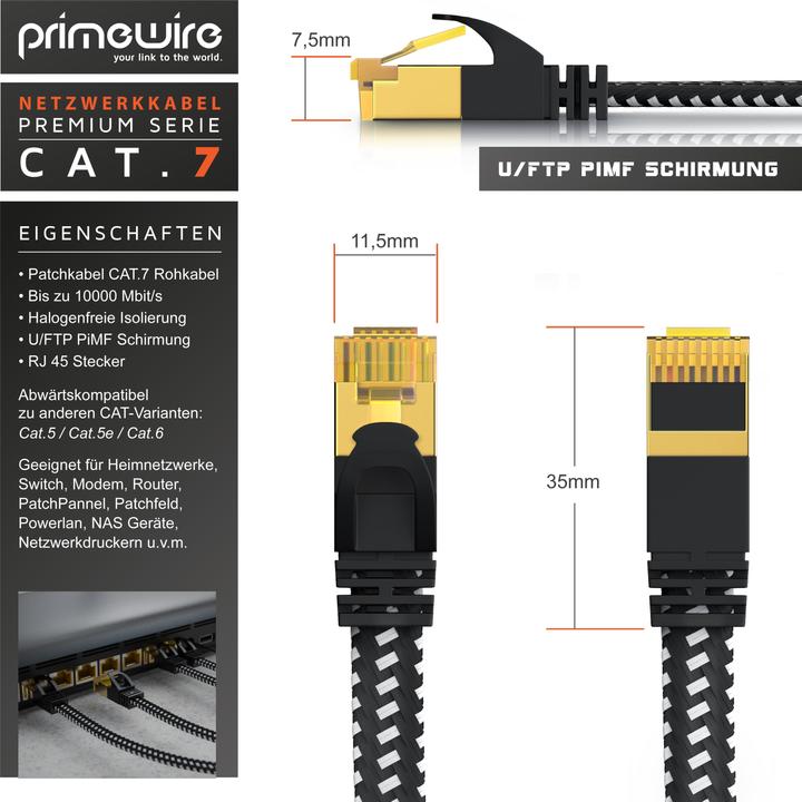 Image du produit Primewire Câble réseau CAT 7 Gaine plate en coton - Câble patch LAN Câble de données - Câble plat - Câble (U/FTP, CAT7, 2 m)