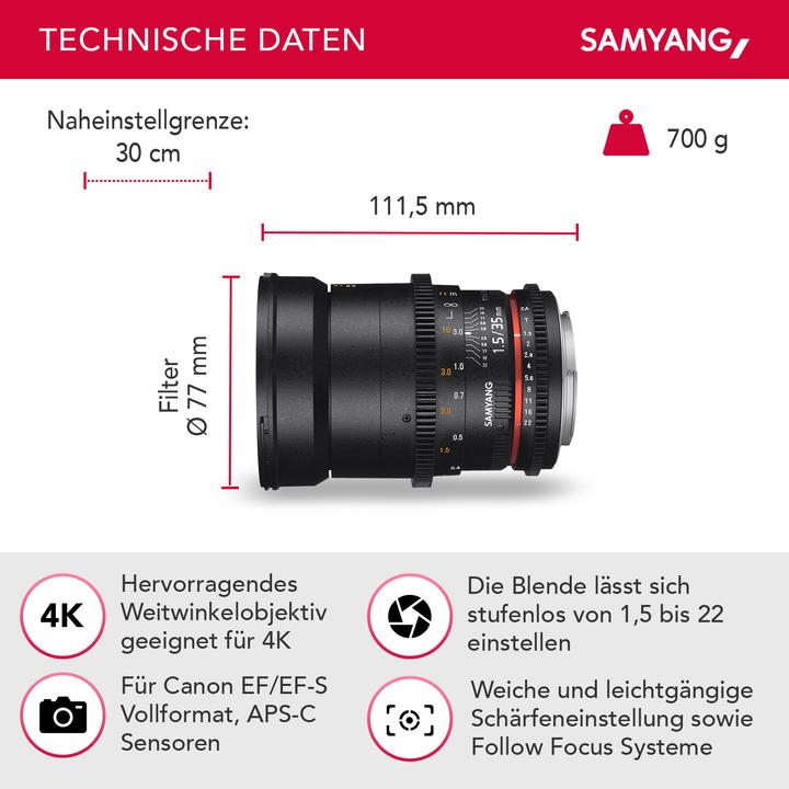 Image du produit Samyang 35mm T1.5 VDSLR II Canon EF (Canon EF, Plein format)