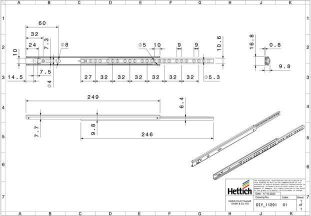 Produktbild Hettich Schubladenschiene Teilauszug 250-410 mm verzinkt 9136693 2 Stück