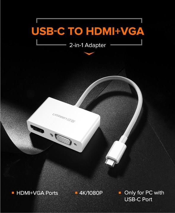 Actual product image Ugreen USB-C to HDMI + VGA Adapter (USB-C, VGA, HDMI, 3 cm)