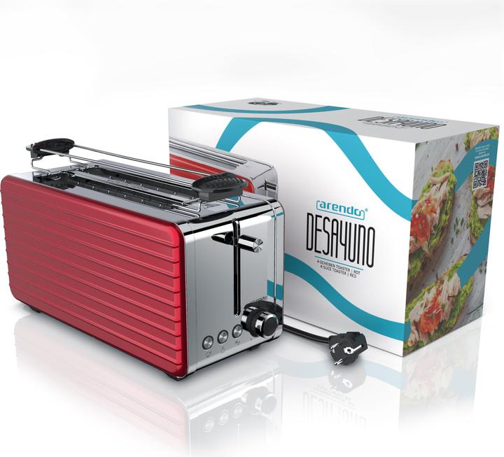Produktbild Arendo Toaster Langschlitz für 4 Scheiben, 1500 W, Edelstahl, Brötchenaufsatz, DESAYUNO (EU-Stecker)