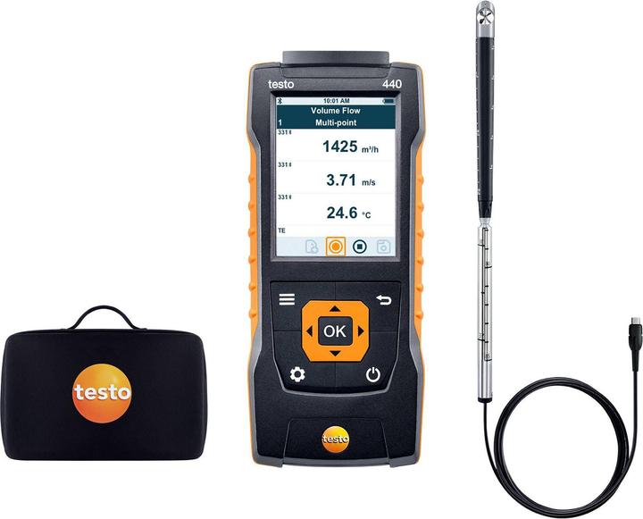 Testo 440 Mesureur de climat 3 x piles mignon type AA Câble USB Sonde à hélice (Ø 16 mm) avec câble fixe (longueur du câble 1,7 m) Télescope (extensible jusqu'à 0,85 m)