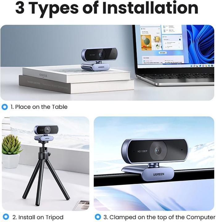 Immagine prodotto Ugreen Kamera internetowa Kamera internetowa z mikrofonem 15728 USB (srebrna) (2.10 Mpx)