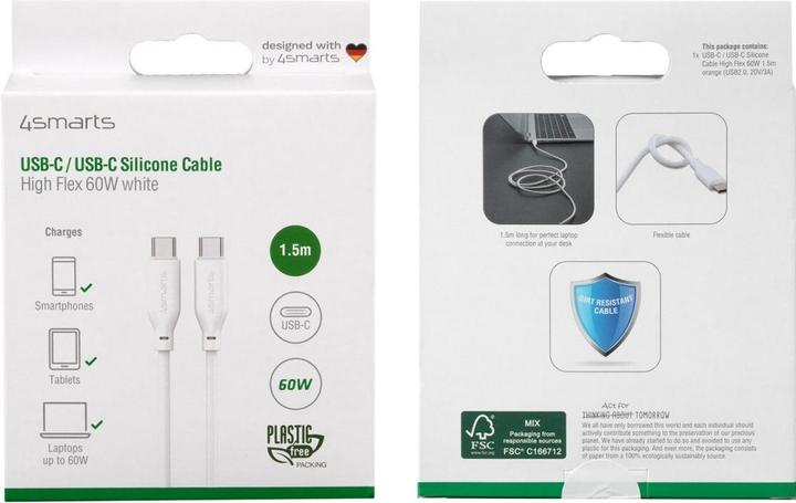 Produktbild 4smarts USB-C / USB-C Silikon-Kabel High Flex 60W 1,5m weiss (1.50 m, USB 2.0)