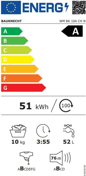 Label énergétique Bauknecht WM BK 10A CH N (10 kg, Gauche, Fiche CH)
