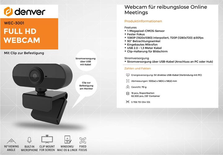 Immagine prodotto Denver WEC-3001 Webcam 1 MP 1920 x 1080 Pixel USB Nero (2 Mpx)